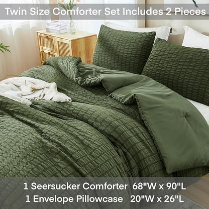 AveLom Dark Olive Green Seersucker Twin Comforter Set (68x90 inches), 2 Pieces-100% Soft Washed Microfiber Lightweight Comforter with 1 Pillowcase, All Season Down Alternative Bedding Set