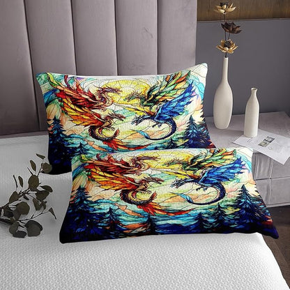 Western Dragon Men Bedspread Twin Size,Flying Dragon Wing Pine Trees Rustic Coverlet Set,Boys Girls Room Decor,Geometric Patchwork Abstract Quilted Coverlet,Blue Trippy Bedding Quilt,1 Pillowcase
