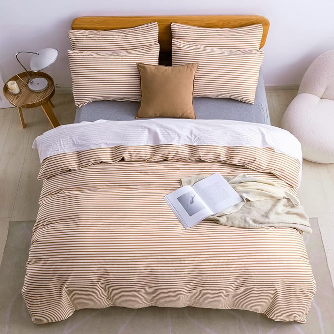 JELLYMONI Queen Duvet Cover Set, Cotton Duvet Cover 3 Pieces with Zipper Closure, 1 Duvet Cover and 2 Pillowcase s(White with Rust Striped)
