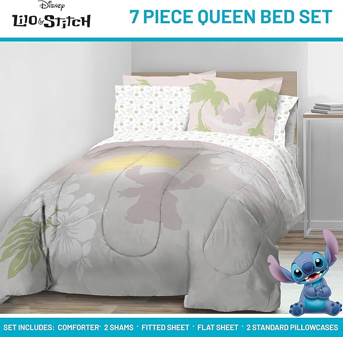 Jay Franco Disney Lilo and Stitch Queen Size Comforter Set - 7 Piece Bedding Includes Sheet Set & Pillow Covers - Super Soft Cozy Bedding