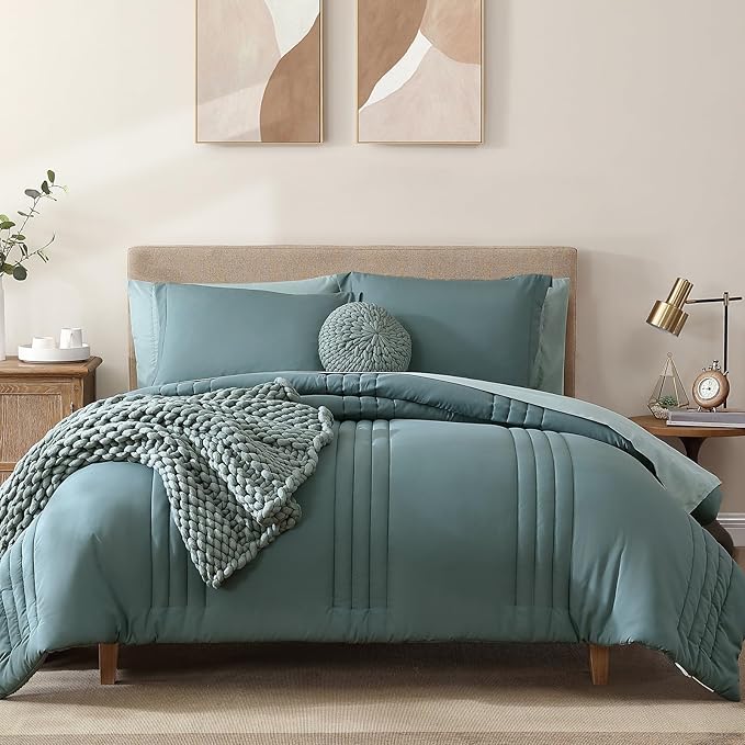 Monbix King Size Comforter Set - 7 Pieces Bed in a Bag King, Blue Green Bedding Sets with Comforter, All Seasons Comforter Bed Set with Sheets, Pillowcases & Shams