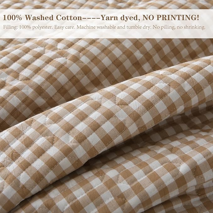 Taupe White Ruffle Gingham Quilt Set Queen Size with Pillow Shams, 100% Washed Cotton Yarn-Dyed Quilted Bedspread Bedding Set (Taupe, Queen)