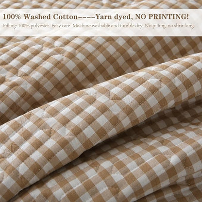Taupe White Ruffle Gingham Quilt Set Queen Size with Pillow Shams, 100% Washed Cotton Yarn-Dyed Quilted Bedspread Bedding Set (Taupe, Queen)