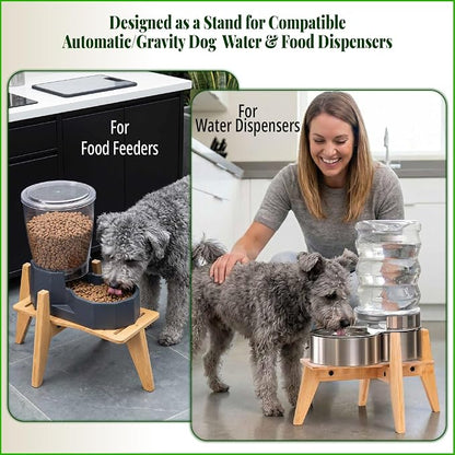 Dog Water and Food Dispenser Stand for Medium Dogs - Adjustable, Bamboo | Use to Elevate, Raise, Hold Gravity or Automatic Food Feeders and Water Bowl Dispensers - Medium
