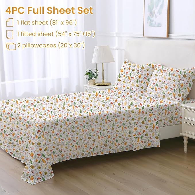 Softan Orange Floral Full Size Sheet Set, Printed Microfiber Fitted Sheet with 15" Deep Pockets & Non-Slip Straps, Maple Leaves & Mushroom Patterned Double Bedding Sheets & Pillowcase Set