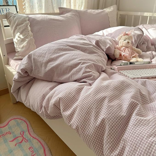 HighBuy Queen Comforter Set Grey Purple Gingham Comforter with Lace Ruffles Modern Chic Plaid Comforter Set 3 Pieces Fluffy Soft Boho Checkered Pattern Comforter with 2 Pillowcases for Boy Men