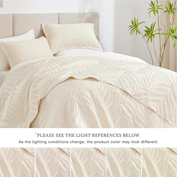 EXQ Home Quilt Set King Size Beige 3 Piece,Lightweight Soft Coverlet Modern Style Leaf Pattern Bedspread Set(1 Quilt,2 Pillow Shams)