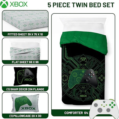 Jay Franco Kids Comforter Set Includes Sheets and Pillow Covers - Soft and Cozy Bed Set for Stylish Room Decor, Official Licensed Product, White - Xbox, 5 Piece Twin
