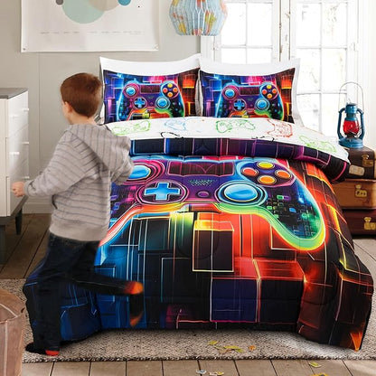 A Nice Night Boys Twin Size 5-Piece Game Console Comforter Set, for Kids Teen 3D Colorful Background Colorful Universe Gamepad Gaming Printed Matching Sheet Sets Black-Red