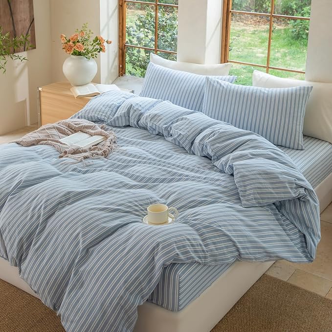 Luxury 100% Washed Cotton Linen Like Duvet Cover Set,3 Pcs Striped Duvet Cover with Zipper Closure(Strip-Cornflower Blue/White,Full)