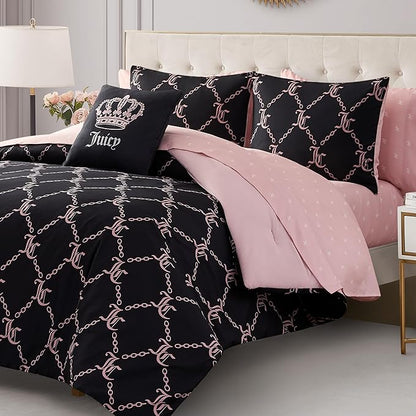 Juicy Couture Black Link Logo Printed Comforter Set, King – Complete 8-Piece Bed in a Bag Collection