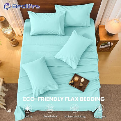 Bedlifes 100% French Pure Linen Sheets California King Size Breathable and Cooling Flax Sheet Set Soft Durable and Moisture Wicking 16 Inch Deep Pocket-4 Piece(Cal King,Teal)