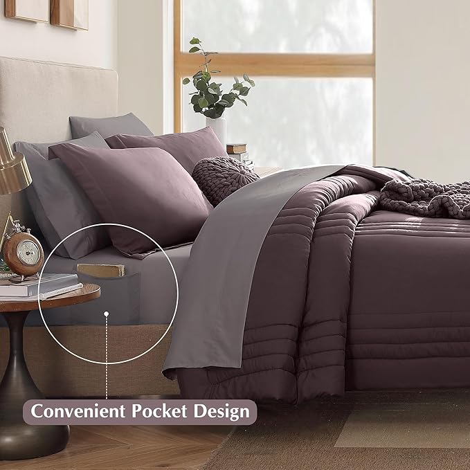 Monbix Full Size Comforter Set - 7 Pieces Bed in a Bag Full, ltalian Plum Bedding Sets with Comforter, All Seasons Comforter Bed Set with Sheets, Pillowcases & Shams