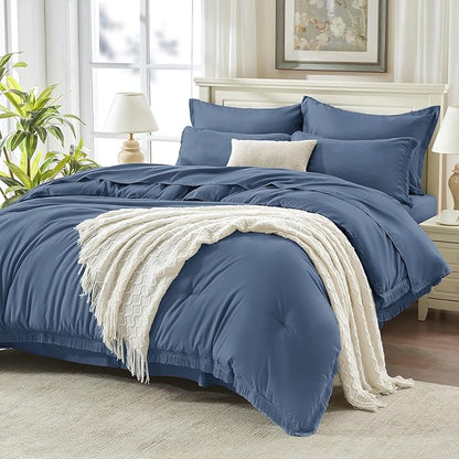 Andency Full Size Comforter Set Bluish Grey -7 Pieces Boho Tassel Bed in a Bag Soft Lightweight Bedding Sets, Fringe All Season Bed Set with Comforter, Sheets, Pillowcases & Shams