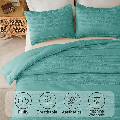 BEDELITE Boho Comforter Set Queen Size, Aqua Tufted Striped Bed Set 3 Pieces, Soft Vintage Farmhouse Comforter for All Seasons, Boho Home Decor,Fluffy Jacquard Bedding with 2 Pillow Shams