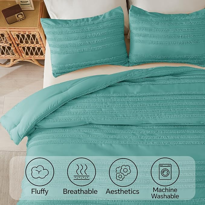 BEDELITE Boho Twin/Twin XL Comforter Set，Aqua Tufted Striped Bed Set 2 Pieces, Soft Vintage Farmhouse Comforter for College, Boho Home Dorm Decor, Fluffy Jacquard Bedding with 1 Pillow Sham
