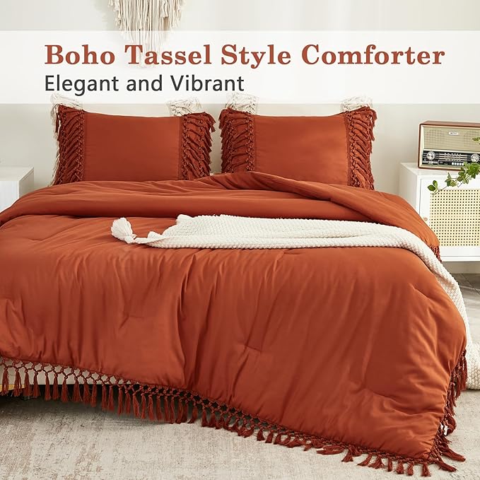 Andency Comforter Full Size Set Burnt Orange, Boho Terracotta Lightweight Vintage Soft Bedding Comforter Sets, 3 Pieces Rust Bed Set (79x90In Comforter & 2 Pillowcases)