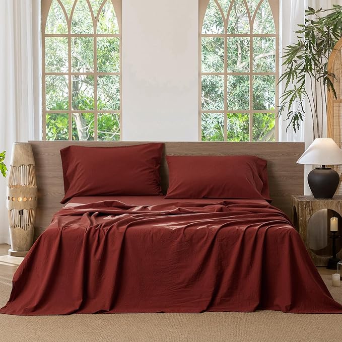 MooMee Bedding Sheet Set 100% Washed Cotton Linen Like Textured Breathable Durable Soft Comfy (Solid Fired Brick Red, Queen)