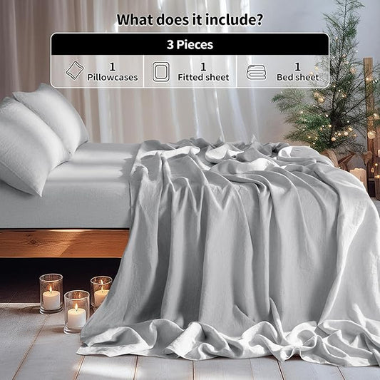 LBRO2M 100% Pure Linen Sheet Set Deep Pocket Up to 16" Bed Sheets Sets, Natural Flax Beddings Soft, Breathable, Comfortable for All Seasons Twin Size, Grey
