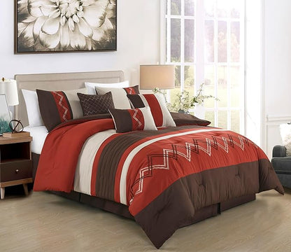 Chezmoi Collection Arden 7-Piece Modern Pleated Stripe Embroidered Zigzag Bedding Comforter Set (King, Spice/Brown/Coffee Cream)