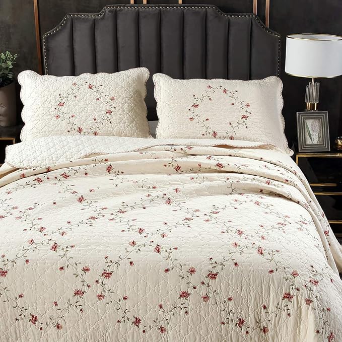 vctops 3-Piece Floral Embroidered Bedspread Coverlet Set 100% Cotton Reversible Patchwork 1 Quilt and 2 Pillow Shams Full/Queen, Flower