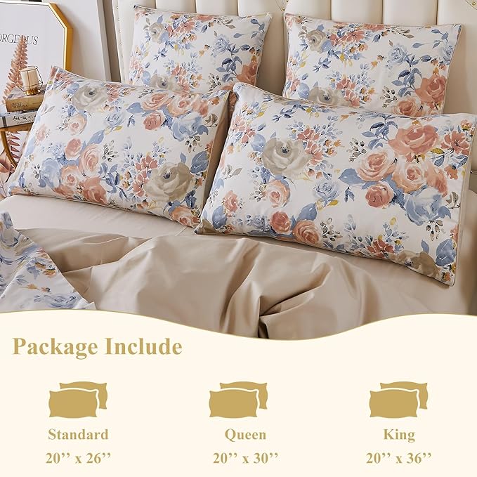WINLIFE 100% Cotton Pillowcases Set of 2 King Natural Beauty Artwork Garden Floral Printed Pillow Cases Orange Blue Rose Print Pillow Cover (King 20x36'', Peony)