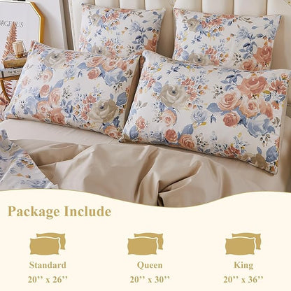 WINLIFE 100% Cotton Pillowcases Set of 2 Natural Beauty Artwork Garden Floral Printed Pillow Cases Orange Blue Rose Print Pillow Cover (Standard 20x26'', Peony)