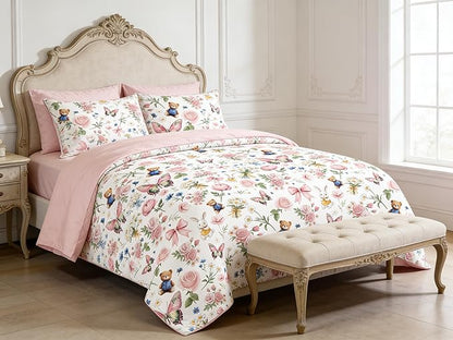 Queen Pink Floral Comforter Set for Girls, 3Pcs Pink Bow Butterfly Bedding Set for Priness Girly Bedroom Decor, Cute Rabbit Bear Comforter with 2 Pillowcases, 90"x90"