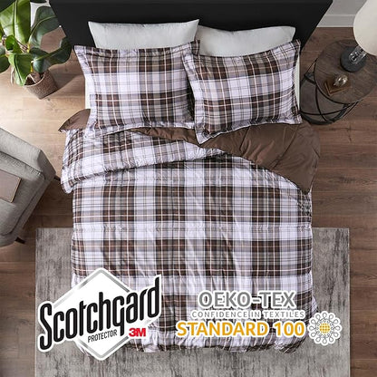 Madison Park Essentials Parkston Plaid Comforter, Matching Sham, 3M Scotchguard Stain Release Cover, Hypoallergenic All Season Bedding-Set, King/California King, Brown, 3 Piece