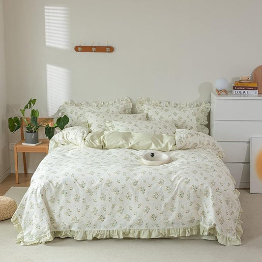 HighBuy Green Floral Comforter Set Twin XL Lace Ruffles Reversible Stripes Comforter Fluffy with 2 Pillow Shams Toddler Girls Boho Romantic Lace Coquette Bedding Set
