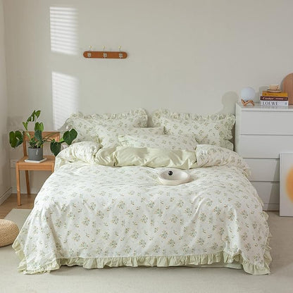 HighBuy Garden Flower Comforter Set Full Green Floral Bedding Comforter Set Stripes Farmhouse Bedding Set 1 Lace Ruffle Comforter and 2 Lace Pillowcases Romantic Comforter Sets for Girls Women