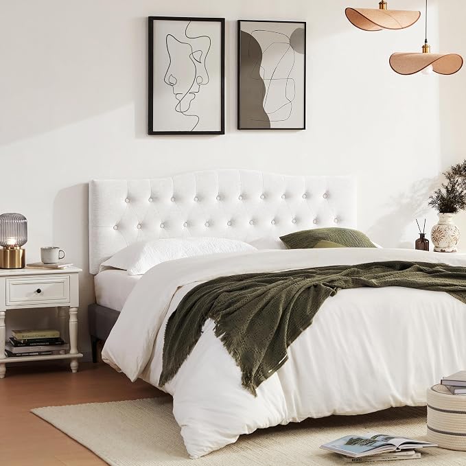 Tufted Headboard King Size, Solid Wood Adjustable Height Head Board, White | Upholstered King Headboard Only with Durable Solid Wood Legs, Adjustable Height 37-51 in, Fabric Button Diamond HeadBoards