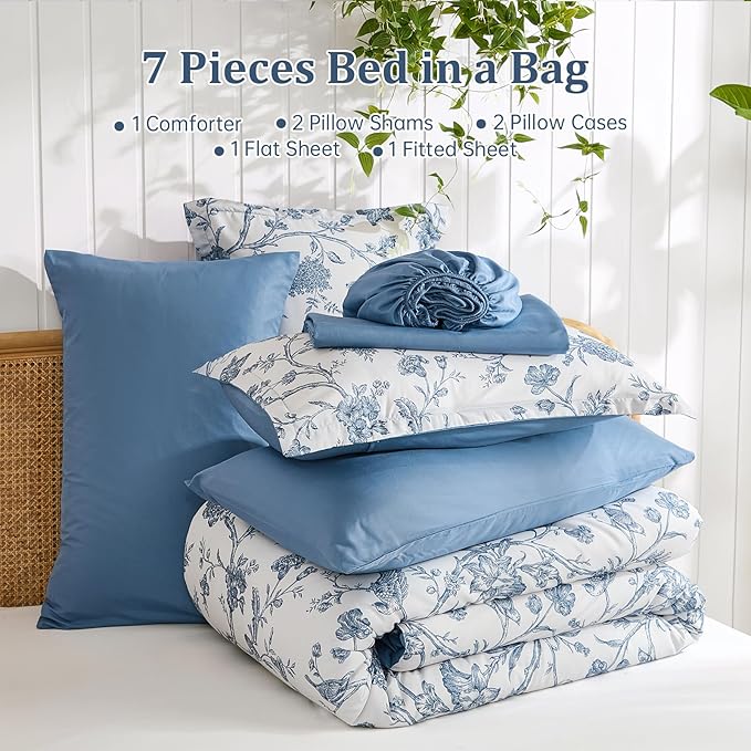 Luxudecor Floral Comforter Set King Size 7 Pieces, Blue Flower with Bird Bed in a Bag, Soft Reversible Comforter with Sheet Bed Set 104"x90"