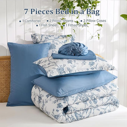 Luxudecor Floral Comforter Set Queen Size 7 Pieces, Blue Flower with Bird Bed in a Bag, Soft Reversible Comforter with Sheet Bed Set 90"x90"