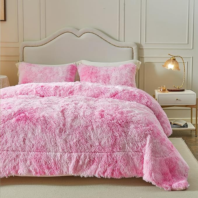 Wajade Faux Fur Plush White Comforter Set Fluffy Fuzzy Shaggy Bedding Set - 3PC Full/Queen Microfiber Soft Warm Quilt Set (Pink, King)