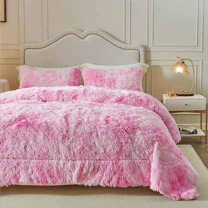 Wajade Faux Fur Plush White Comforter Set Fluffy Fuzzy Shaggy Bedding Set - 3PC Full/Queen Microfiber Soft Warm Quilt Set (Pink, King)