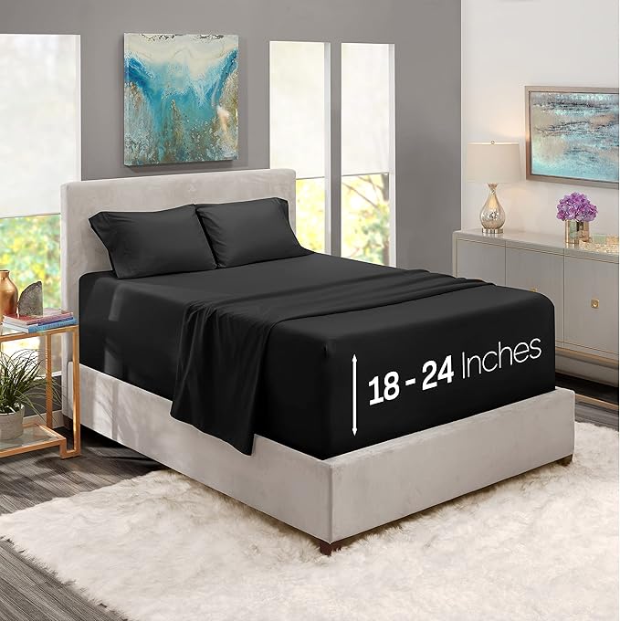 Nestl Twin Size Sheet Set, 4 Piece Extra Deep Pocket (18-24 inches), Microfiber, Hotel Luxury, Soft, Breathable, Wrinkle-Free, Easy to Care, Black
