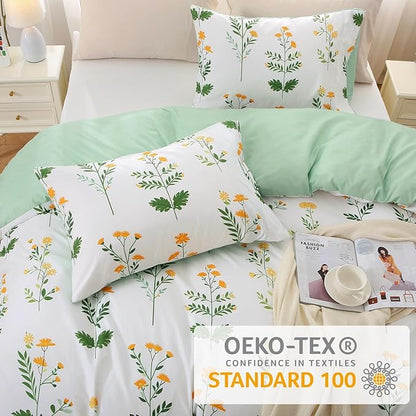 Duvet Cover Queen Size, Reversible Floral Vintage Duvet Cover Set with Zipper Closure, 3 Pieces Botanical Patterns Soft Microfiber Bedding Set (90"x90", 2 Pillow Cases, Honeysuckle Green White)