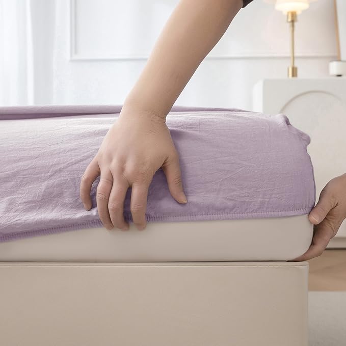 JIYUAN King Size Sheet Set, 4-Piece - 100% Washed Cotton, Linen-Like Soft & Breathable, Includes Deep Pocket Fitted & Flat Sheet with 2 Pillowcases, Hotel Quality, Heathered Light Purple
