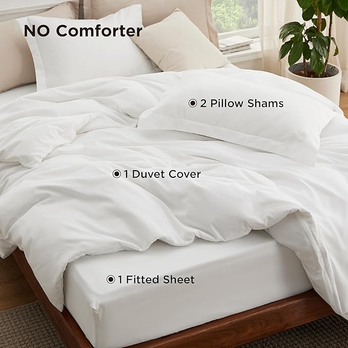 Bedsure Duvet Cover with Fitted Sheet Queen - Cooling Deep Pocket, Hotel Luxury Soft Double Brushed Bedding Set with Zipper Closure, 1 Duvet Cover, 1 Fitted Sheet, 2 Pillow Shams, NO Comforter, White