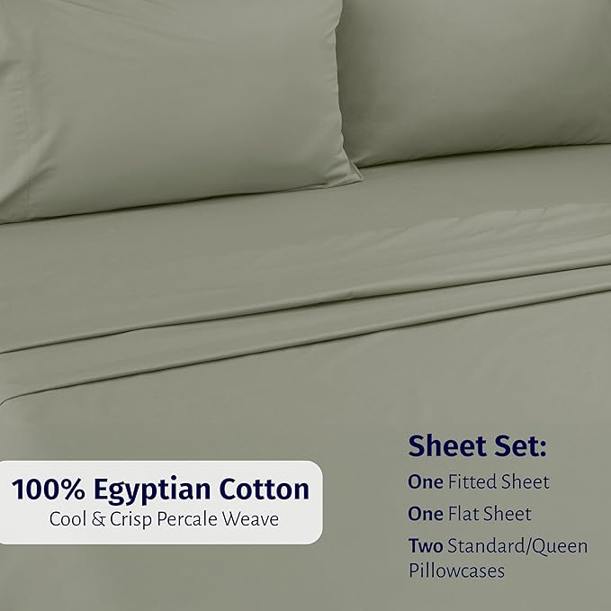 California Design Den Deep Pocket Queen Sheet Set - Certified 100% Egyptian Cotton, Lightweight, Crisp Percale Bed Sheets Queen Size Egyptian Cotton Set, Durable Luxury Bedding (Sage Mist - Grey Tone)