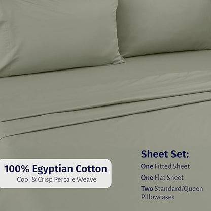 California Design Den Deep Pocket Queen Sheet Set - Certified 100% Egyptian Cotton, Lightweight, Crisp Percale Bed Sheets Queen Size Egyptian Cotton Set, Durable Luxury Bedding (Sage Mist - Grey Tone)