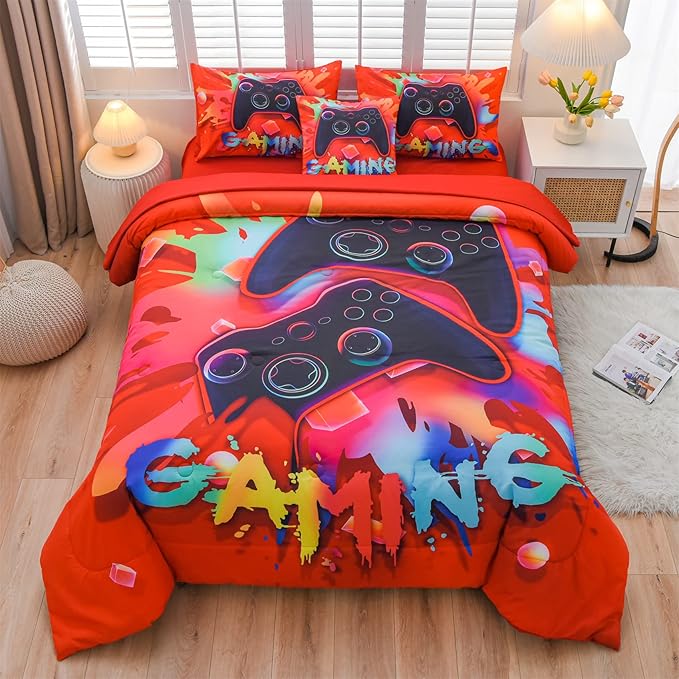 Aimuan Gaming Comforter Sets for Boys Kids Bedding Sets Video Games Console Action Buttons Novelty Colorful Game Gamepad Controller Modern Gamer Room Decor Home Quilt Set (Queen 6 Pcs,Red)