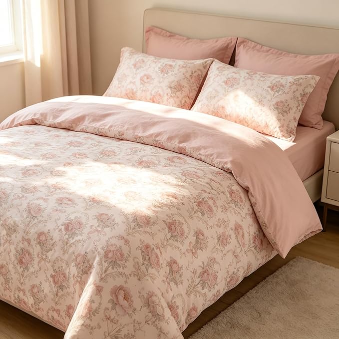 Coquette Cottagecore Comforter Set Full Size, 3Pcs Shabby Chic Flower Bedding for Women Teen Girls, French Country Style Quilted Comforter with 2 Pillowcases, 79"x90"