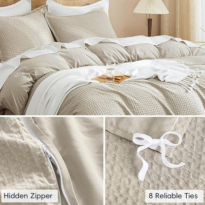 PHF Waffle Weave Duvet Cover Set Queen Size, No Snagging Ultra Soft Luxury Textured Breathable Comforter Cover for All Season 3pcs, Durable Bedding Duvet Set with 2 Pillow Shams, 90"x90", Linen