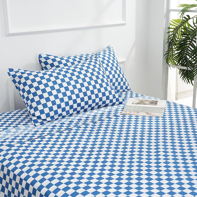 Best Season Bed Sheet Set 4 Piece -Full Size-Soft Durable Microfiber Bedding Sheet Set,Deep Pocket,Stain,Fade & Wrinkle Resistant Blue and White Checkerboard Grid(Plaid Blue&White)