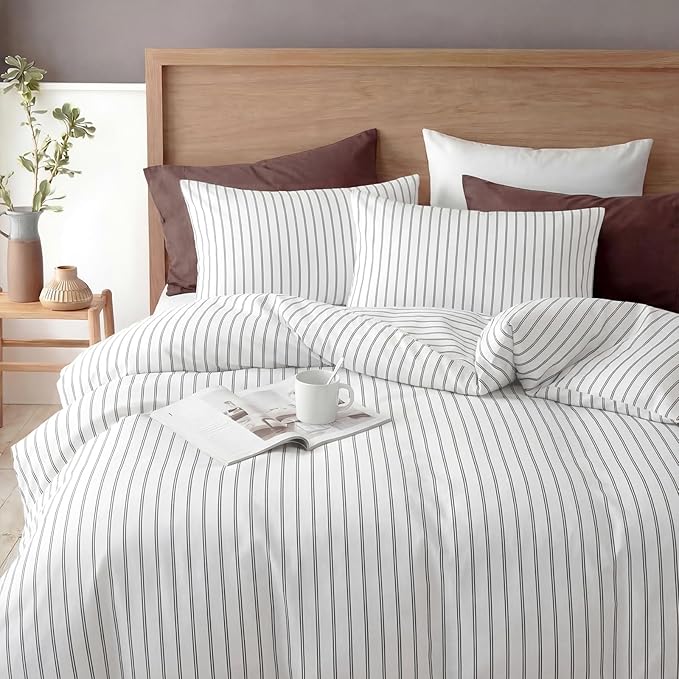Bedbay Cotton Striped Duvet Cover Set Queen Size, Black & White Minimal Bedding Set, 100% Cotton Sateen,Soft Breathable Hotel Style Comforter Cover with Zipper Closure & Corner Ties