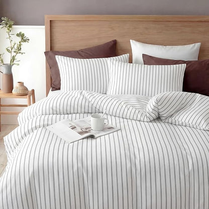 Bedbay Cotton Striped Duvet Cover Set Queen Size, Black & White Minimal Bedding Set, 100% Cotton Sateen,Soft Breathable Hotel Style Comforter Cover with Zipper Closure & Corner Ties