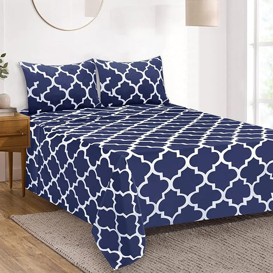 Mejoroom Full Bed Sheet Set - Super Soft Brushed Microfiber 1800 Thread Count Full Sheets with 16 inch Deep Pocket - Wrinkle Free - 4 Piece(Navy Quatrefoil with White Pattern)