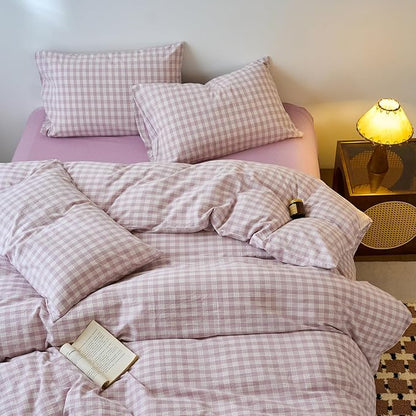 EAVD Vintage Style Gingham Duvet Cover Queen Purple White Soft 100% Washed Cotton Chic Grid Checkered Bedding Set with 2 Pillowcases Farmhouse Purple Plaid Duvet Cover with Zipper Closure